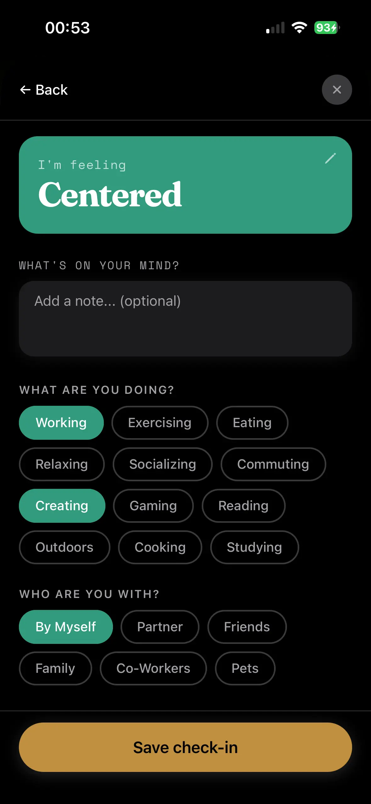 Mosaic check-in screen