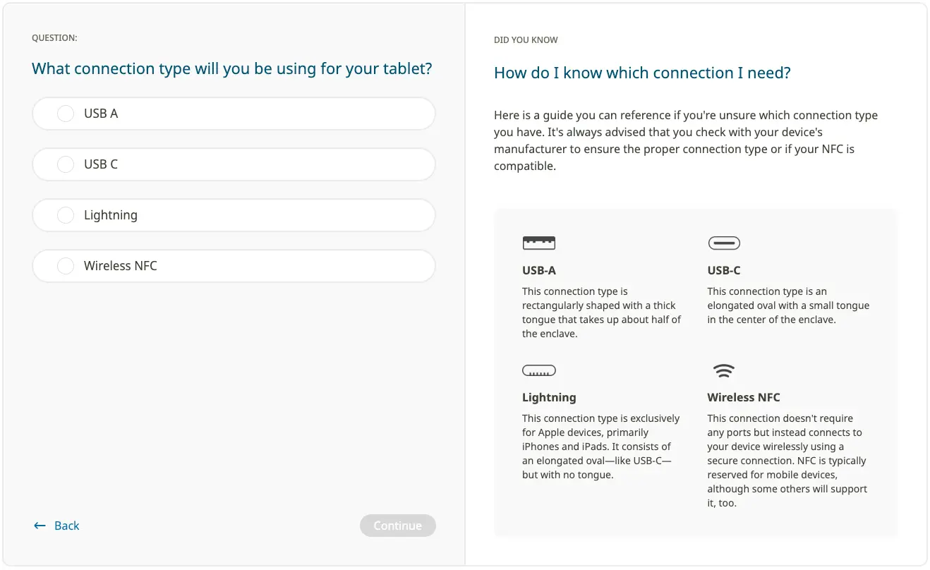 Yubico Product Finder question screen with answer options and a side panel explaining relevant security-key terminology.