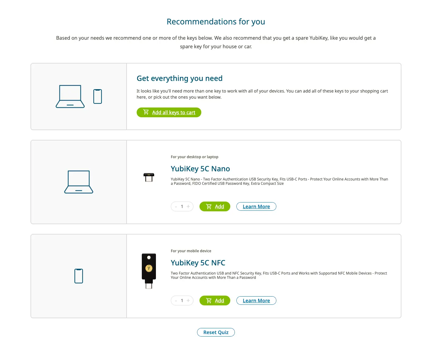 Yubico Product Finder recommendation screen showing a suggested security key based on quiz responses.